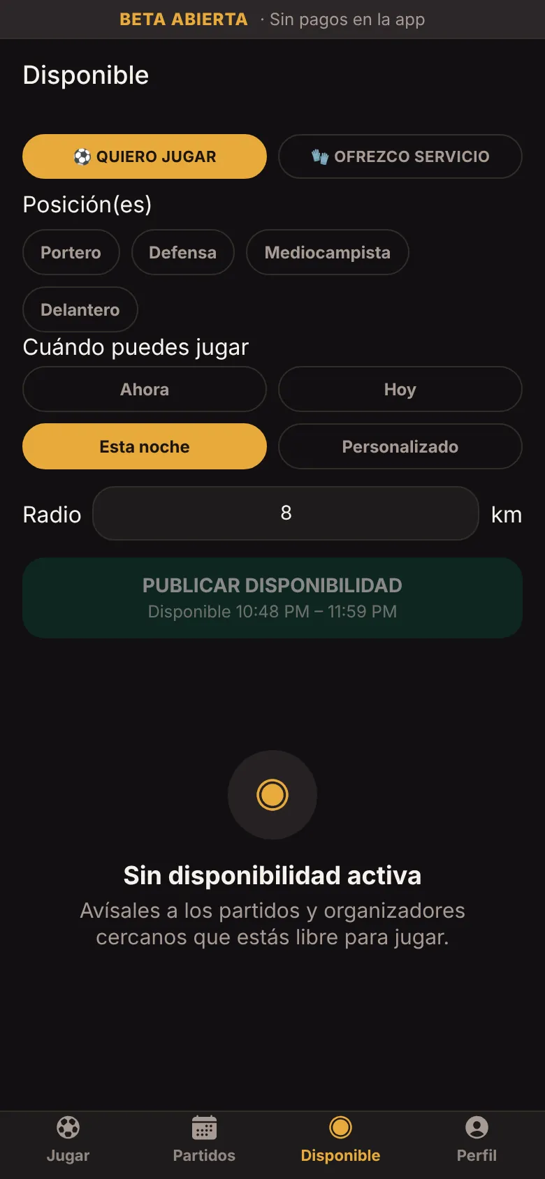Pantalla de disponibilidad con el estado «Estás disponible» y opción para quitarla. Captura de la beta con datos de ejemplo (DEMO).