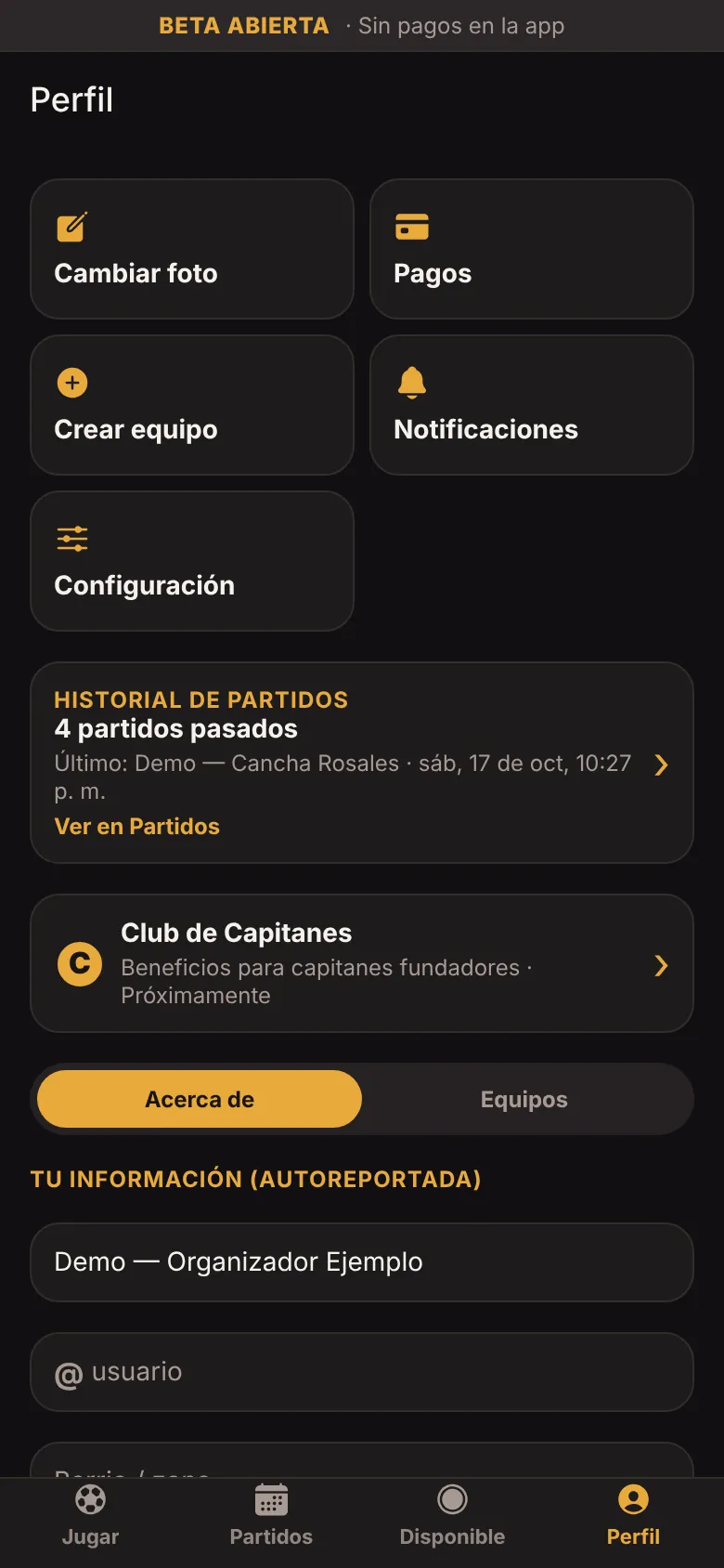 Perfil con posición, pierna hábil, nivel y estadísticas de partidos, goles y MVP. Captura de la beta con datos de ejemplo (DEMO).