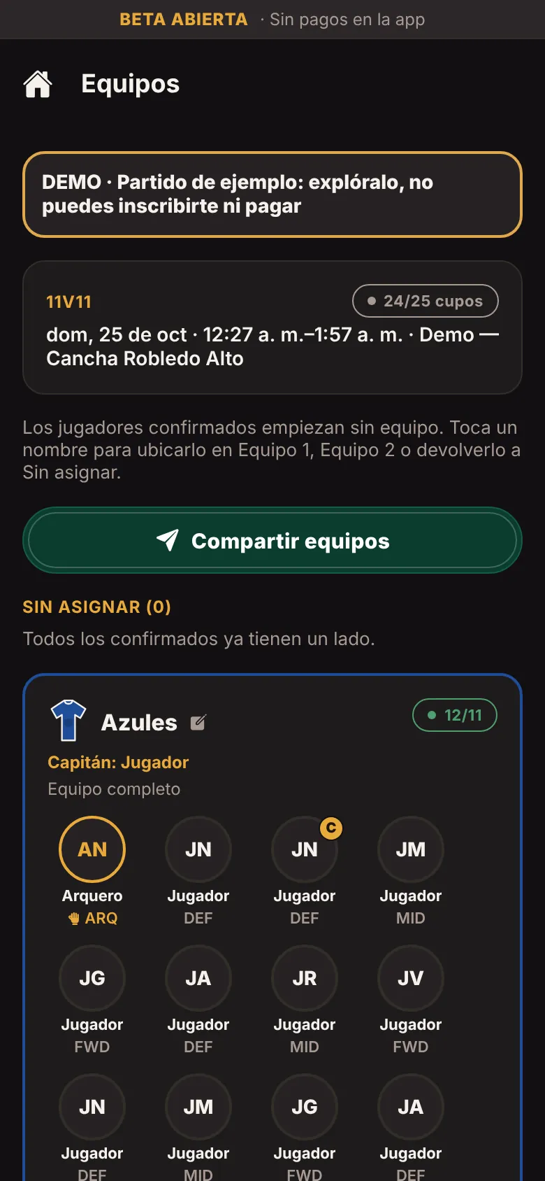 Reparto de jugadores confirmados en Equipo 1 y Equipo 2, con formación por equipo. Captura de la beta con datos de ejemplo (DEMO).